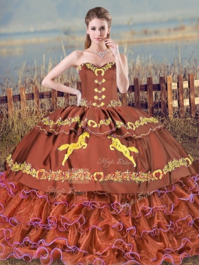 Luxury Brown Satin and Organza Lace Up Ball Gown Prom Dress Sleeveless Brush Train Embroidery and Ruffled Layers