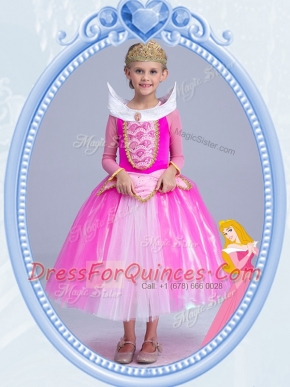 Hot Pink Scoop Neckline Beading Flower Girl Dresses Long Sleeves Side Zipper