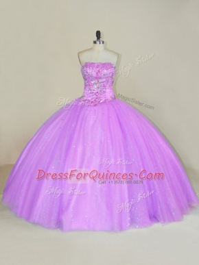Pretty Strapless Sleeveless Tulle Quinceanera Gowns Sequins Lace Up