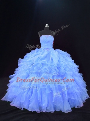 Modern Purple Strapless Neckline Beading and Ruffles Ball Gown Prom Dress Sleeveless Lace Up