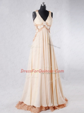 Chiffon Sleeveless Evening Dress Sweep Train and Beading and Lace and Hand Made Flower