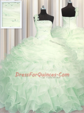 Apple Green Organza Zipper One Shoulder Sleeveless Floor Length Sweet 16 Dresses Beading and Ruffles