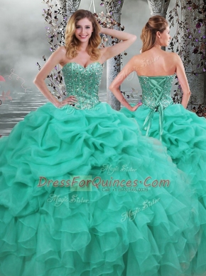 Turquoise Sleeveless Floor Length Beading and Ruffles Lace Up Quince Ball Gowns