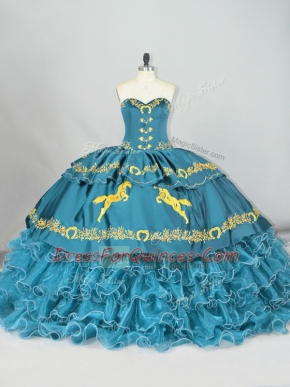 Sleeveless Brush Train Lace Up Embroidery and Ruffled Layers Quince Ball Gowns