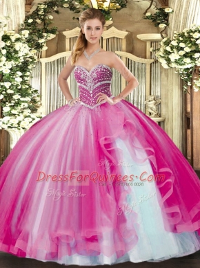 Fuchsia Sweetheart Neckline Beading and Ruffles Sweet 16 Dress Sleeveless Lace Up