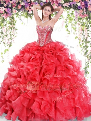 Red Organza Lace Up Sweetheart Sleeveless Ball Gown Prom Dress Sweep Train Beading and Ruffles