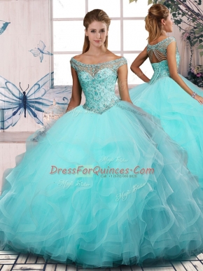 Comfortable Sleeveless Tulle Floor Length Lace Up Vestidos de Quinceanera in Aqua Blue with Beading and Ruffles