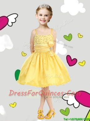 Perfect Spaghetti Straps Belt and Sequins Little Girl Pageant Dress in Yellow