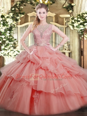 Colorful Floor Length Backless Quinceanera Gown Watermelon Red for Military Ball and Sweet 16 and Quinceanera with Beading and Ruffled Layers