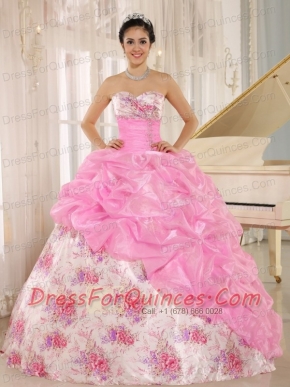 Quinceanera Dress For Custom Made Printing Sweetheart Beaded and Pick-ups For Rose Pink