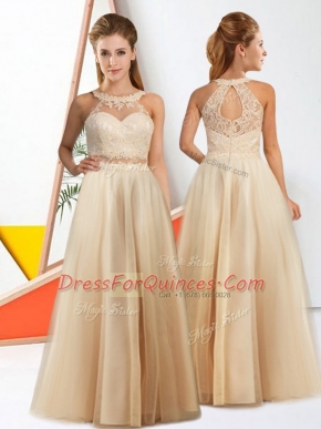 Champagne Halter Top Zipper Lace Quinceanera Dama Dress Sleeveless