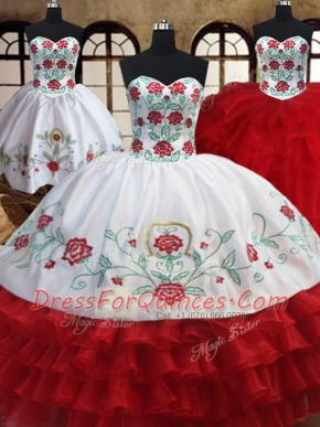 Perfect Three Piece Organza Sweetheart Sleeveless Lace Up Embroidery and Ruffled Layers 15th Birthday Dress in White and Red