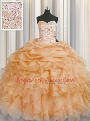 Elegant Gold Lace Up Sweetheart Beading and Ruffles Quinceanera Dress Organza Sleeveless