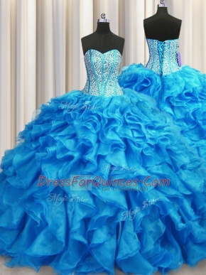 Elegant Visible Boning Baby Blue Sleeveless Beading and Ruffles Lace Up Quinceanera Gowns