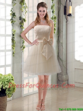 Popular Champagne Strapless Princess Bowknot Sexy Prom Dresses for 2015