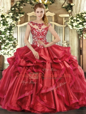 Scoop Cap Sleeves Lace Up Quince Ball Gowns Red Organza