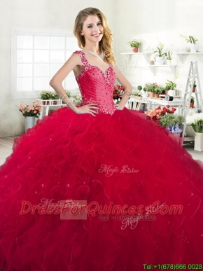 Luxurious Straps Beaded and Ruffled Quinceanera Dress in Red