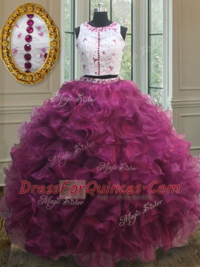 Elegant Scoop Floor Length Two Pieces Sleeveless Burgundy Quinceanera Gown Zipper