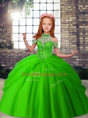 Stylish Beading Custom Made Pageant Dress Green Lace Up Sleeveless Floor Length