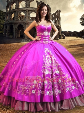 Fashion Fuchsia Satin Lace Up Quinceanera Dresses Sleeveless Floor Length Embroidery