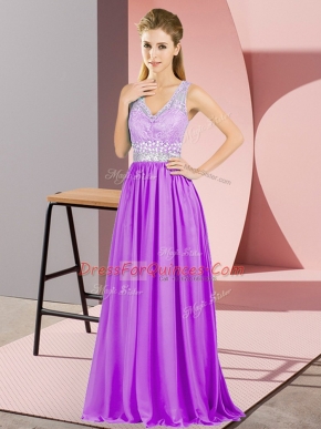 Purple V-neck Backless Beading and Lace Prom Party Dress Sleeveless