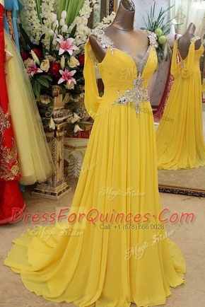 Dazzling Brush Train A-line Evening Dress Yellow Scoop Organza Sleeveless Backless
