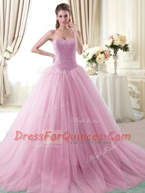 Rose Pink Tulle Lace Up Sweetheart Sleeveless With Train Quinceanera Dresses Brush Train Beading