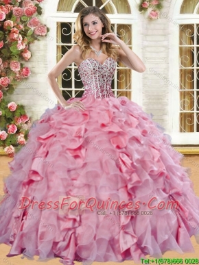 Romantic Beaded and Ruffled Quinceanera Dress in Pink for Spring