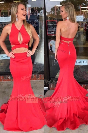 Super Mermaid Backless Homecoming Dress Red for Prom and Party with Ruching Sweep Train