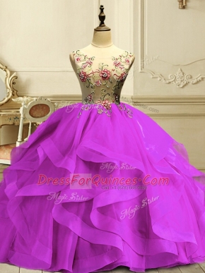 Shining Fuchsia Sleeveless Floor Length Appliques and Ruffles Lace Up Quinceanera Gown