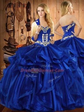 On Sale Royal Blue Ball Gowns Embroidery and Ruffles Quinceanera Dresses Lace Up Organza Sleeveless Floor Length