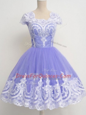 Romantic Knee Length Zipper Quinceanera Court of Honor Dress Lavender for Prom and Party and Wedding Party with Lace