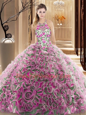 Modest Multi-color Criss Cross High-neck Ruffles and Pattern 15th Birthday Dress Fabric With Rolling Flowers Sleeveless Brush Train