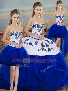 Sweet Royal Blue Ball Gowns Tulle Sweetheart Sleeveless Embroidery and Ruffles and Bowknot Floor Length Lace Up Vestidos de Quinceanera