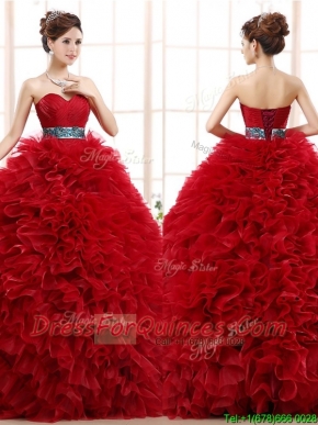 Luxurious Sashed and Ruffled Sweet 16 Dress in Wine Red