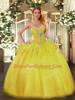Sleeveless Floor Length Beading Lace Up Vestidos de Quinceanera with Gold