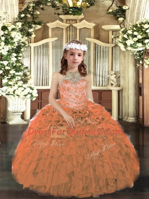 Orange Little Girl Pageant Dress Prom and Military Ball and Wedding Party with Beading and Ruffles Halter Top Sleeveless Lace Up