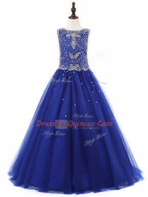 Excellent Floor Length A-line Sleeveless Royal Blue Little Girl Pageant Gowns Lace Up