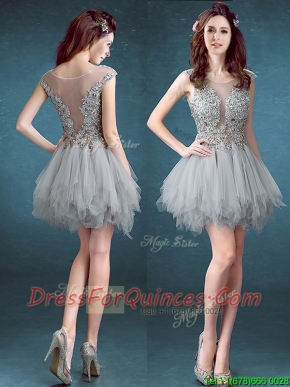 Gorgeous Scoop Appliques and Ruffles Prom Dresses in Grey