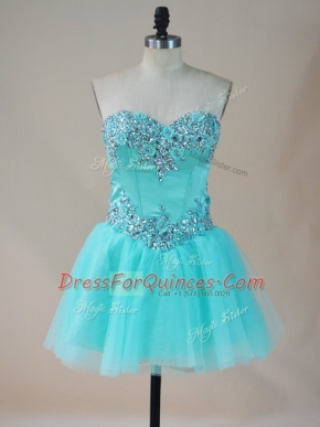 Tulle Sweetheart Sleeveless Lace Up Beading Prom Evening Gown in Aqua Blue