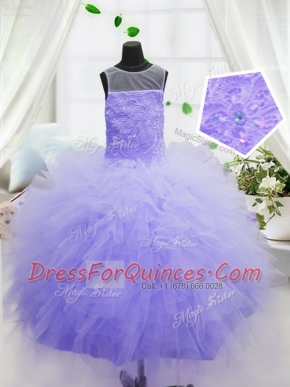 Elegant Purple Ball Gowns Organza Scoop Sleeveless Beading and Ruffles Floor Length Zipper Little Girl Pageant Gowns
