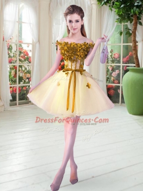 Yellow Sleeveless Tulle Lace Up Evening Dress for Prom and Party