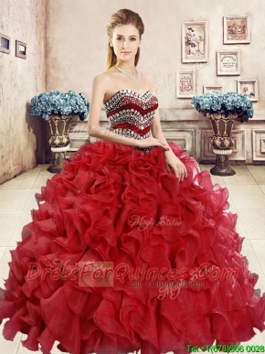 New Style Organza Red Sweet 16 Dress with Beading and Ruffles