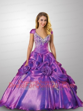 Wonderful Cap Sleeves Purple Quinceanera Dress with Hand Made Flowers and Pick Ups