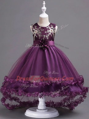 Low Price Dark Purple Tulle Zipper Scoop Sleeveless High Low Little Girl Pageant Gowns Appliques and Hand Made Flower