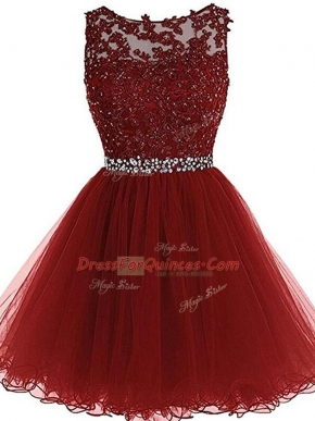 Excellent Burgundy Tulle Zipper Scoop Sleeveless Mini Length Beading and Lace and Appliques
