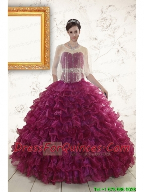 2015 Burgundy Quinceanera Gown with Beading and Ruffles