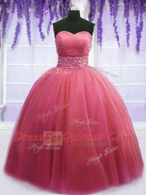 Beading and Belt 15th Birthday Dress Pink Lace Up Sleeveless Floor Length