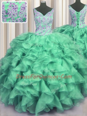Flirting Turquoise Ball Gowns V-neck Sleeveless Organza Floor Length Lace Up Beading and Ruffles 15th Birthday Dress