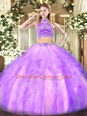 Glittering Lavender Two Pieces Beading and Ruffles Sweet 16 Dresses Backless Tulle Sleeveless Floor Length